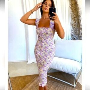 SNDYS Everyday Tina Midi Dress Size 2 Purple Yellow Floral Print Smocked Bodycon
